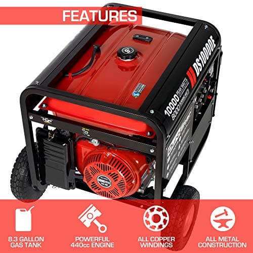 DS10000E Gas Powered Portable Generator-10000 Watt Electric Start-Home Back Up & RV Ready, 50 State Approved, Red/Black