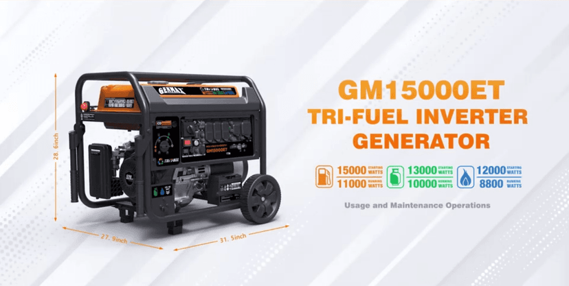 GENMAX 15000W Tri-Fuel Portable Generator - 2025 Model with ATS, CO Sensor, Digital Display & 50A Output Perfect for Home Backup, Construction Sites & Emergency Power (GM15000ET)