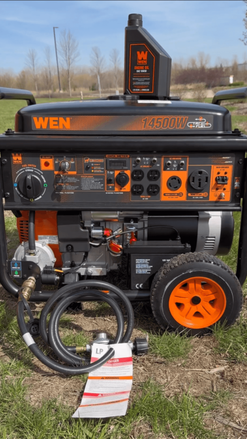 WEN 14,500-Watt 120V/240V Tri-Fuel Generator for Gas, Propane, and Natural Gas, Transfer-Switch Ready with Electric Start, Wheel Kit, and CO Watchdog (TF1450X)
