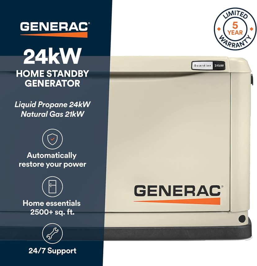 Generac Guardian 24kW Home Standby Generator with 200 Amp Transfer Switch, Durable All Aluminum, WiFi Enabled with G-Force Engine, Easy to Use, Whole House Power Backup, Smart Outage Solution - Bisque