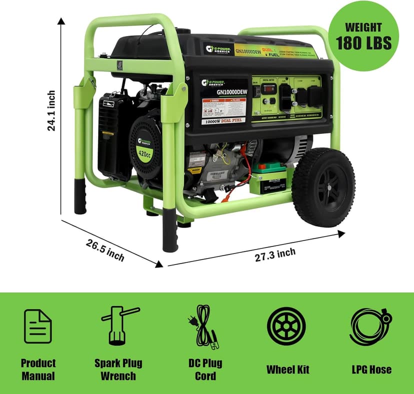 Dual Fuel Portable Generator 10000 Watt,Gas or Propane Powered,Electric Start, Home Back Up & RV Ready