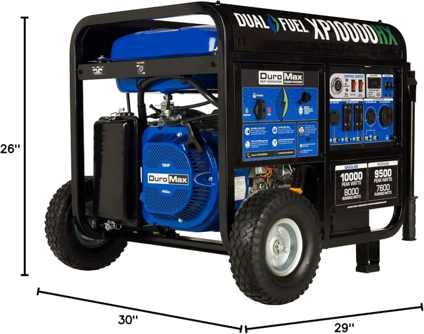 DuroMax XP10000HX 10,000-Watt Dual Fuel Portable Generator - Gas & Propane, Electric Start, Whole Home Power Backup, Transfer Switch Ready, RV & Emergency Ready