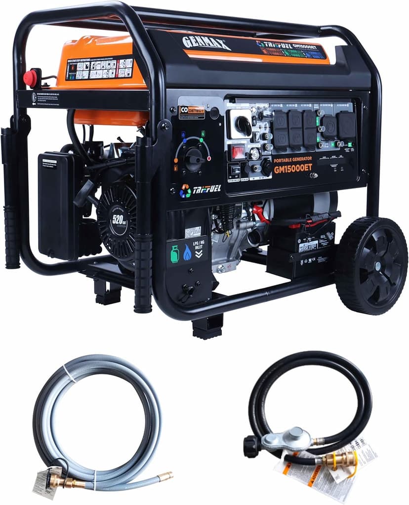 GENMAX 15000W Tri-Fuel Portable Generator - 2025 Model with ATS, CO Sensor, Digital Display & 50A Output Perfect for Home Backup, Construction Sites & Emergency Power (GM15000ET)