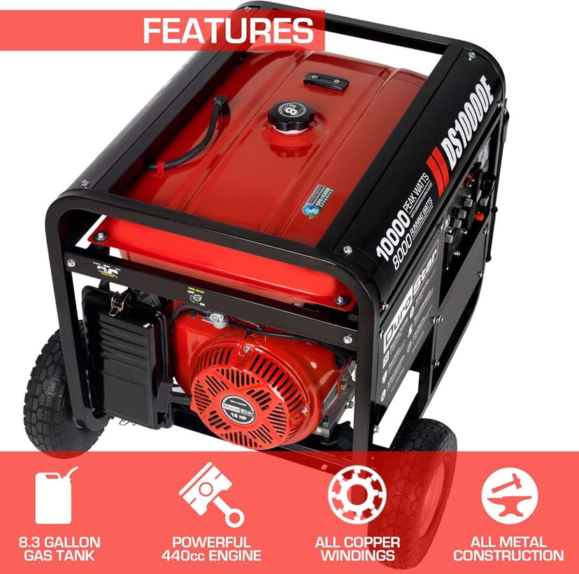 DS10000E Gas Powered Portable Generator-10000 Watt Electric Start-Home Back Up & RV Ready, 50 State Approved, Red/Black