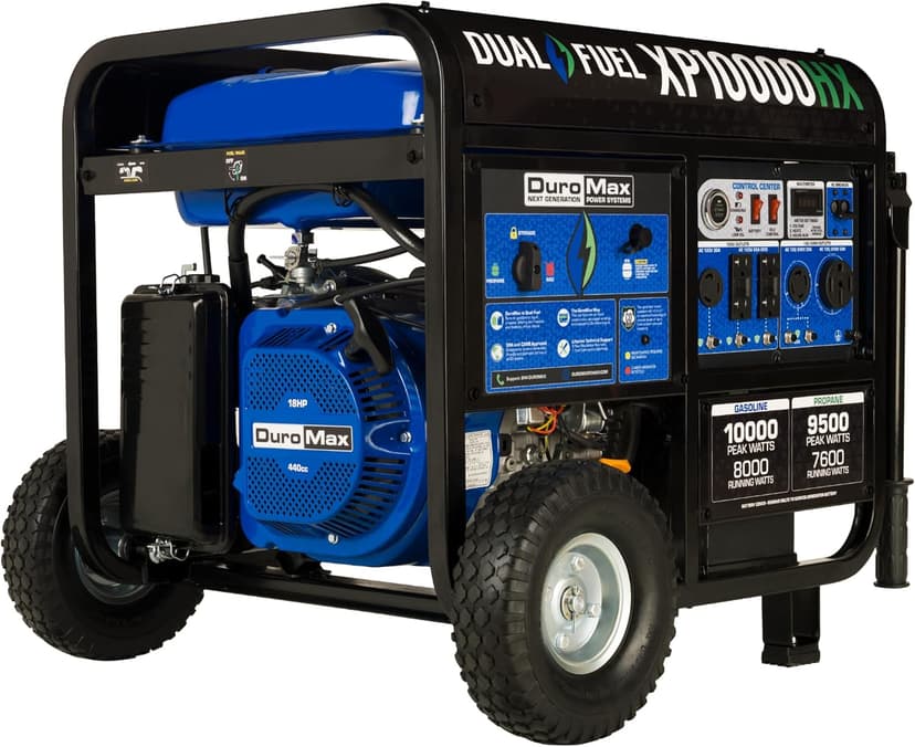 DuroMax XP10000HX 10,000-Watt Dual Fuel Portable Generator - Gas & Propane, Electric Start, Whole Home Power Backup, Transfer Switch Ready, RV & Emergency Ready
