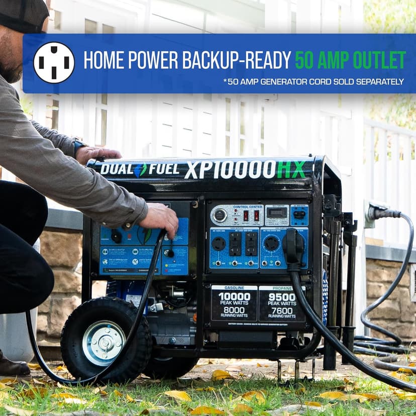 DuroMax XP10000HX 10,000-Watt Dual Fuel Portable Generator - Gas & Propane, Electric Start, Whole Home Power Backup, Transfer Switch Ready, RV & Emergency Ready