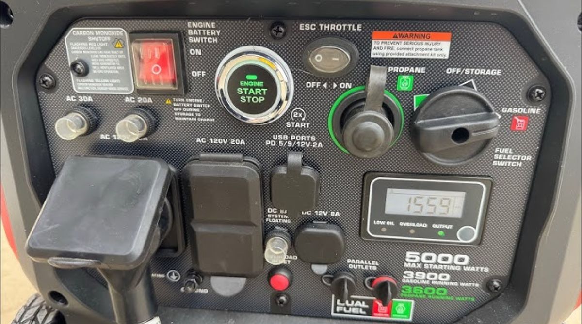 Regardless of brand, the 2,200-watt generators we tested, including the battery-powered Ego (far right), all have the same basic size and design. Photo: Doug Mahoney turning-the-battery-switch